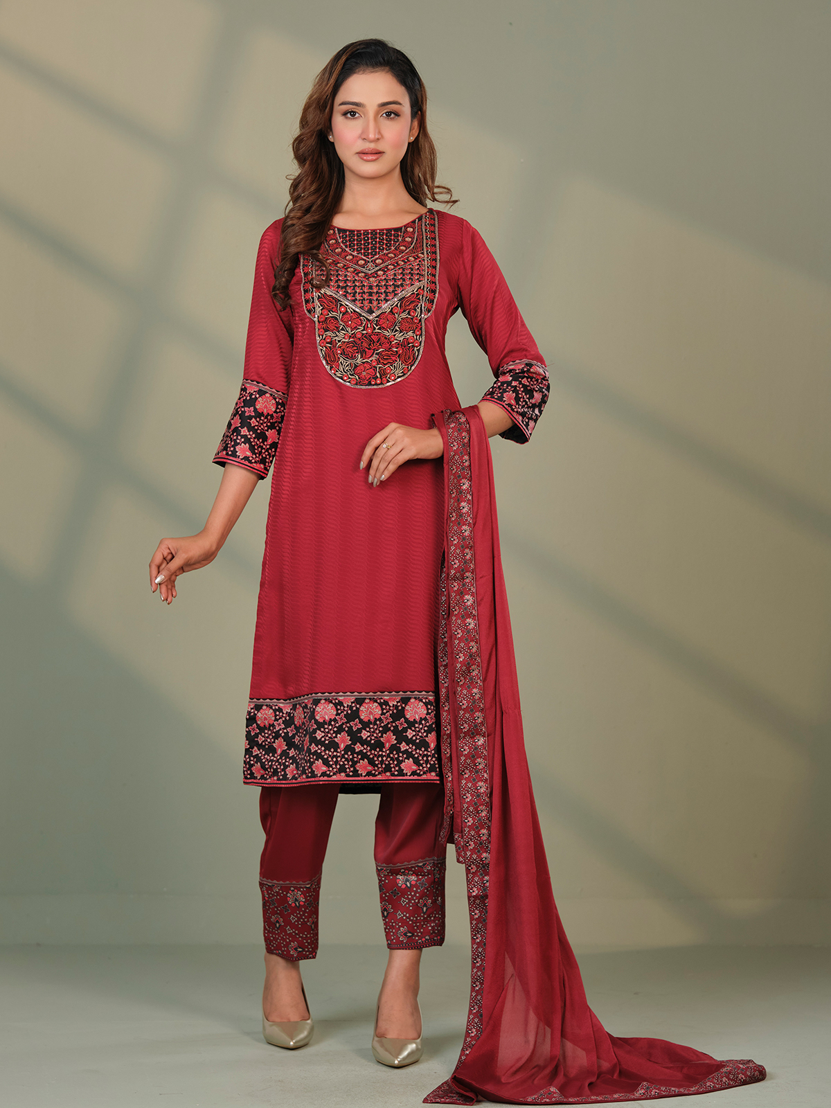 Premium Embroidered Ladies Three Piece Set – Dark Maroon Ethnic Suit