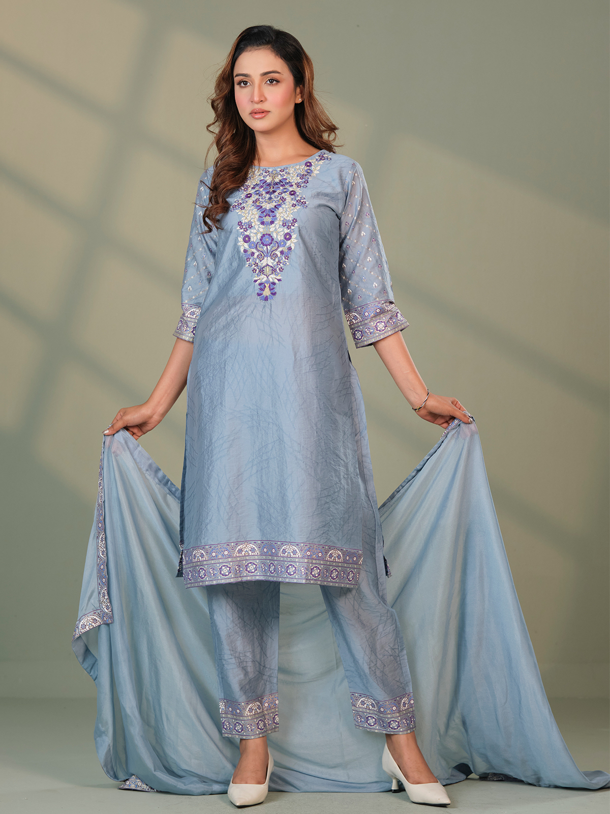 Premium Lawn Ladies Three Piece – Elegant Sky Blue Designer Suit